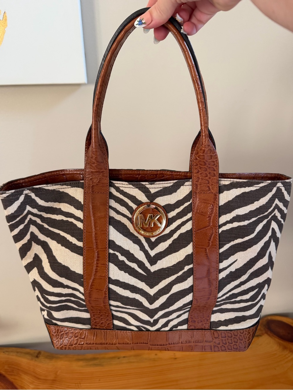 Michael Kors Fulton Zebra Print Canvas Tote with Brown Leather Trim